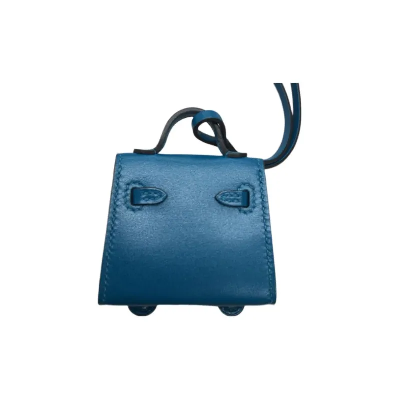 HERMES Kelly Cow Leather Patchwork With Sheepskin Pendant Bag Accessory Women's Blue-3