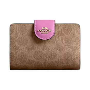 COACH Corner ZipSignature Coated Canvas Wallet Medium Size Women's Brown & Pink