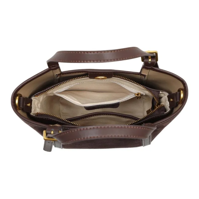 MILLIE'S Cow Leather Basket Bag, Bucket Bag, Shoulder Bag, Crossbody Bag, Handbag Regular Women's Coffee/Gold Brown-5