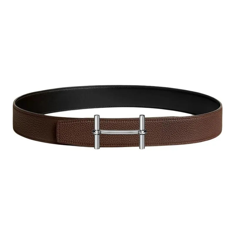 HERMES Metal, Palladium Plated, Calfskin Leather Belts Men's Black Width 3.8cm-1