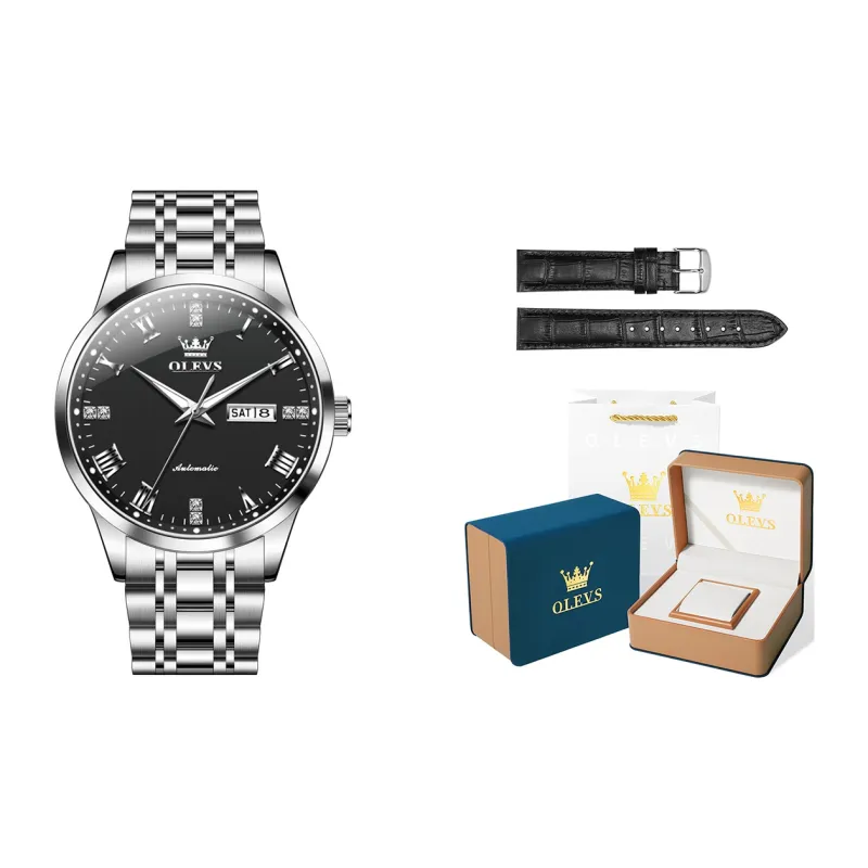OLEVS Minimalist Series Mechanical Movement Stainless Steel Watchband Watch Men's Watches Black Dial-28