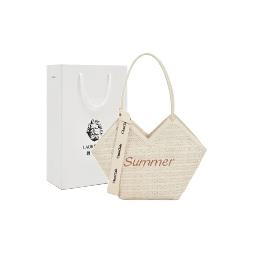Old Man's Head Fabric Straw Woven Tote Shoulder Bag Women's Ecru