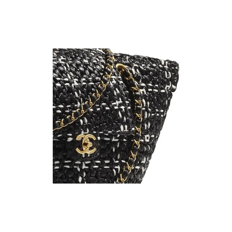 CHANEL Straw Woven With Woolen Basket Bag, Handbag, Shoulder Bag Women's Black-2