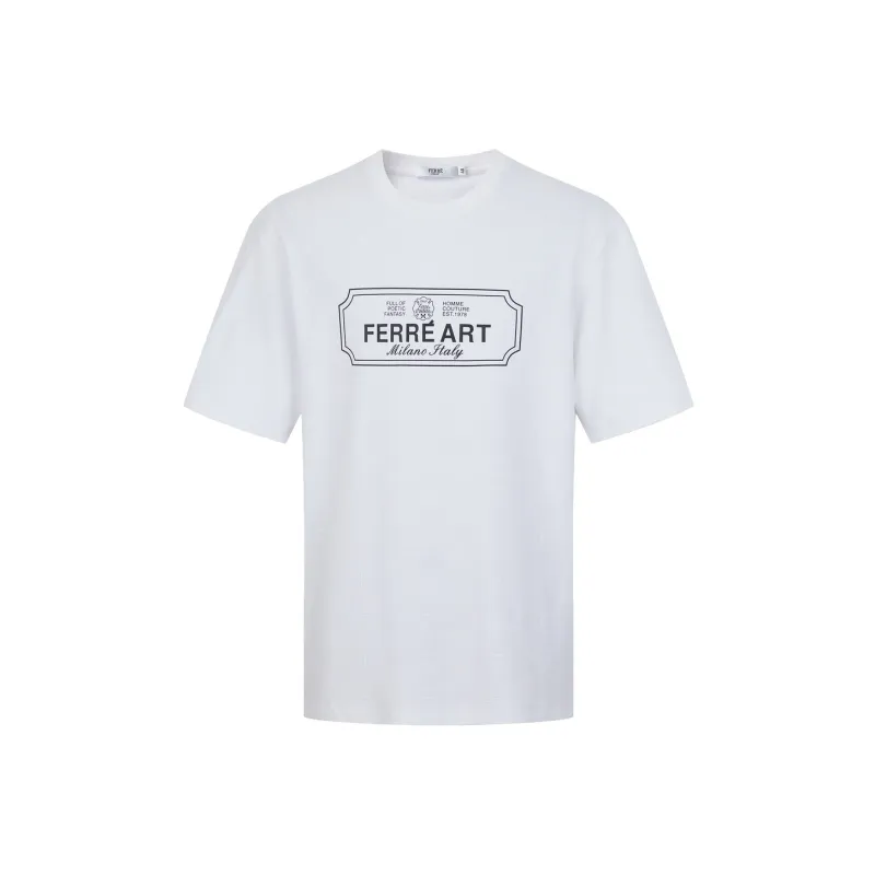 FERRE Letter Logo All over Print Subtle Texture Jacquard Crew Neck Short Sleeved T Shirt Men's-0