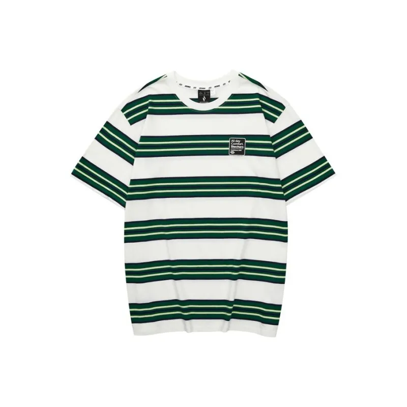 Skechers SS24 T Shirt Unisex White Base With Green Mixed Stripes-0