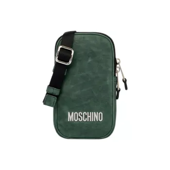 MOSCHINO Washable Nappa Leather With Sheepskin Cell Phone Pouch Men's Dark Green