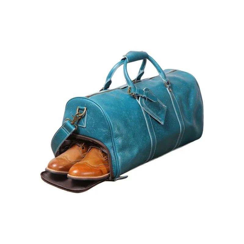 LARTIGENT Top Grain Cow Leather One Shoulder Crossbody Gym Bag Travel Bag Men's Blue-3