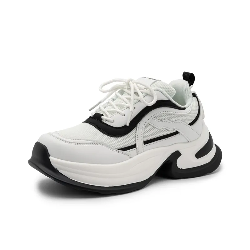 Medd Cushioned Wear Resistant Breathable Lightweight Height Increasing Low Top Chunky Sneakers Unisex White Black-2