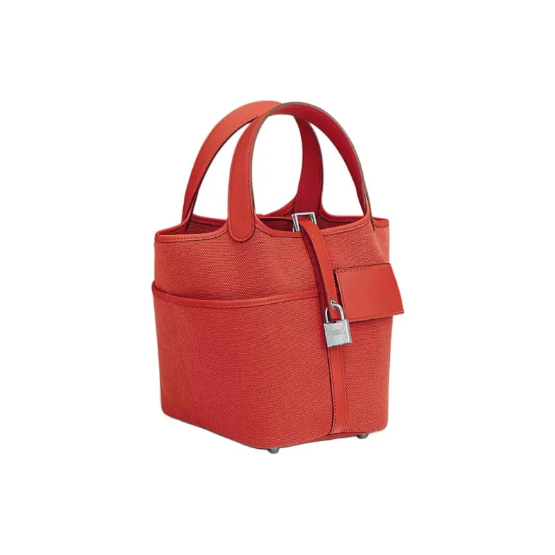 HERMES Picotin Lock Goeland Canvas With Swift Calfskin Basket Bag, Bucket Bag, Handbag Regular Women's Red-0