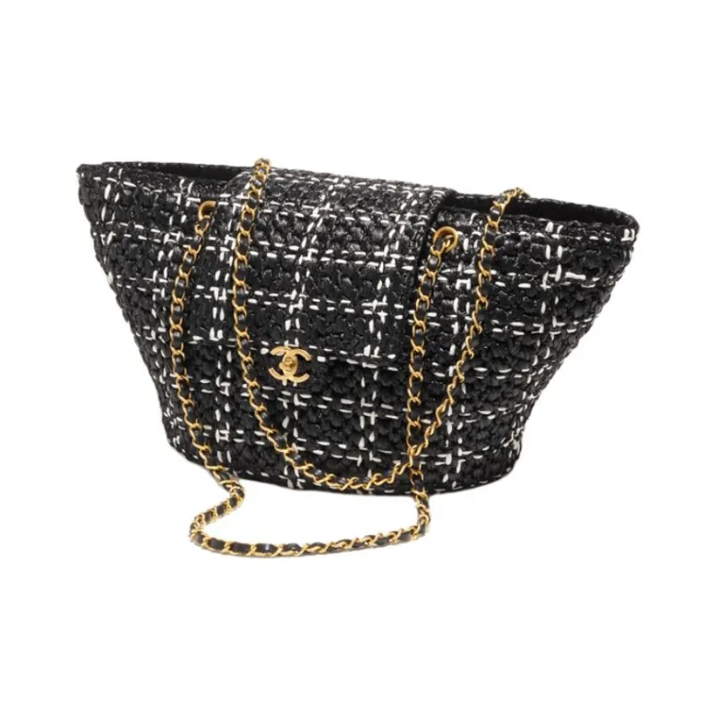 CHANEL Straw Woven With Woolen Basket Bag, Handbag, Shoulder Bag Women's Black-1