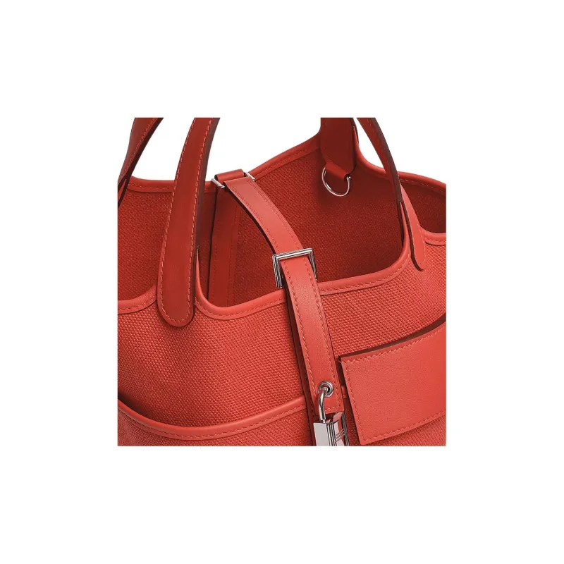 HERMES Picotin Lock Goeland Canvas With Swift Calfskin Basket Bag, Bucket Bag, Handbag Regular Women's Red-1