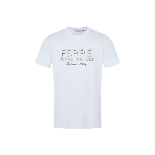 FERRE 3D Letter Irregular Rhinestone Decoration Print Crew Neck Short Sleeved T Shirt Men's White
