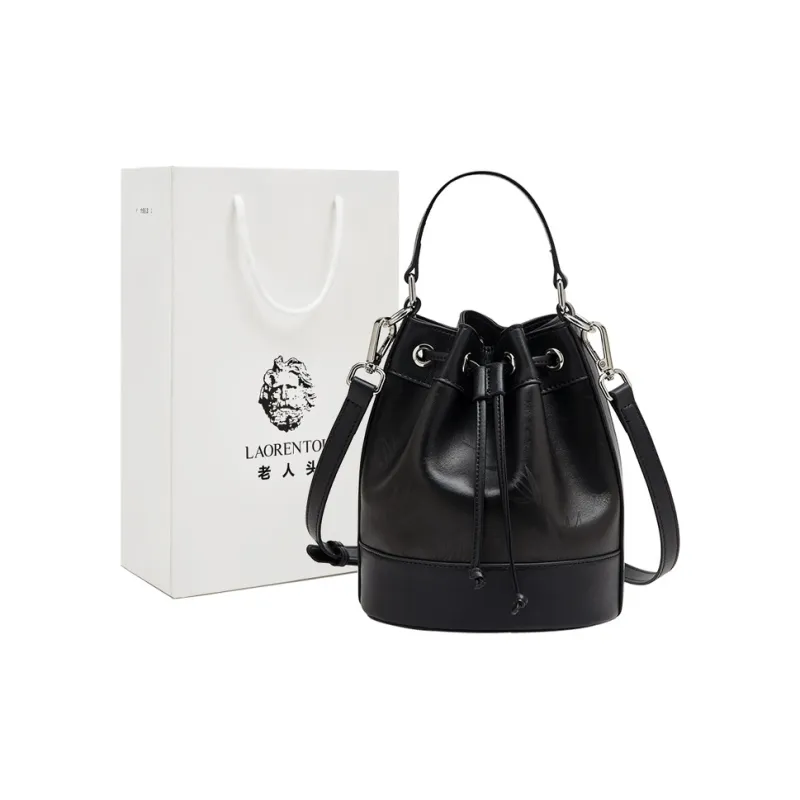 Old Man's Head Top Grain Cow Leather One Shoulder Bucket Bag Crossbody Handbag Women's Silver/Black-7