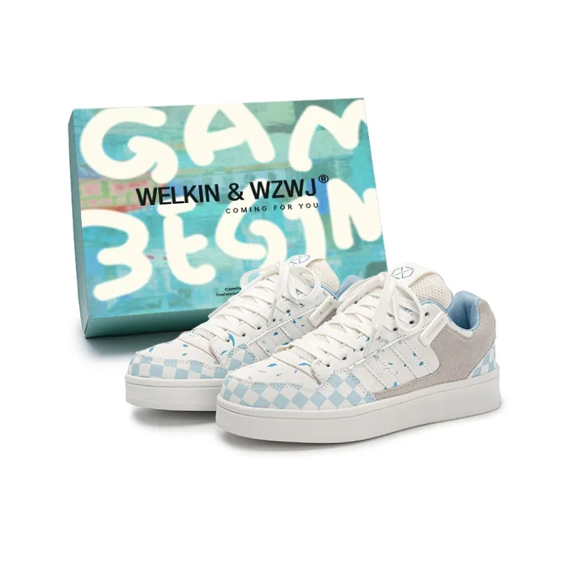 WELKIN&WZWJ Anti Slip Wear Resistant Low Top Skateboard Shoes Unisex Blue Plaid-0