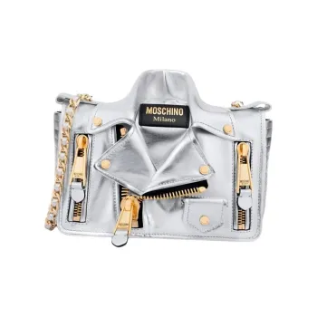 MOSCHINO Layered Nappa Leather Biker Bag Crossbody Shoulder Bag Women's Silver