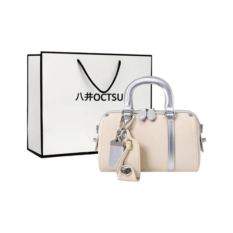 OCTSUI Synthetic Leather Boston Bag One Shoulder Handbags Women's Brown/Ecru/Glacier Blue-6