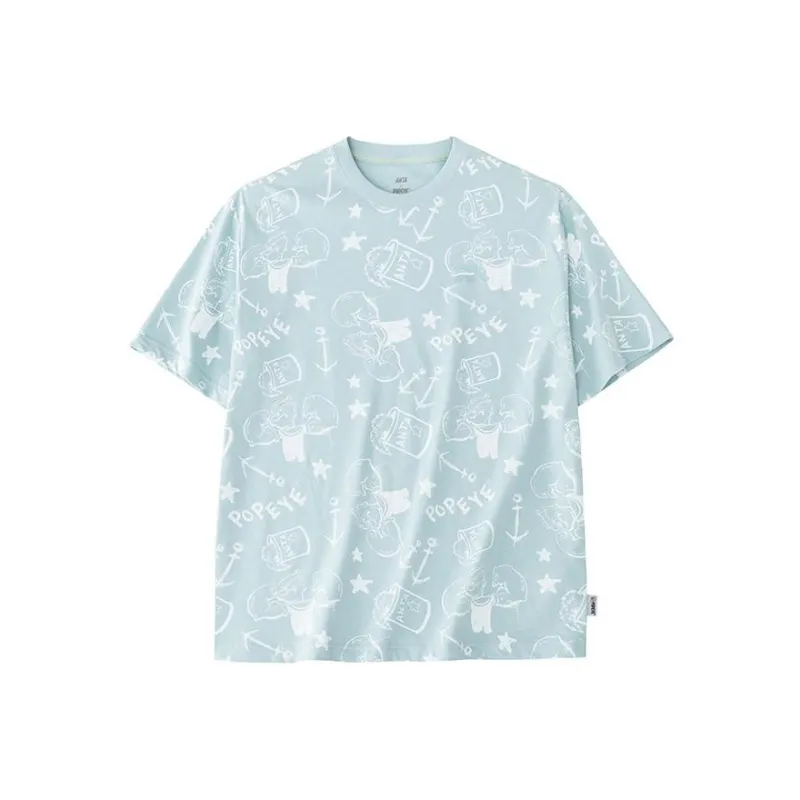 Anta x POPEYE Drop Shoulder Sleeve T-Shirt Men's Crystal Luminous Blue/Full-Coverage Print-0