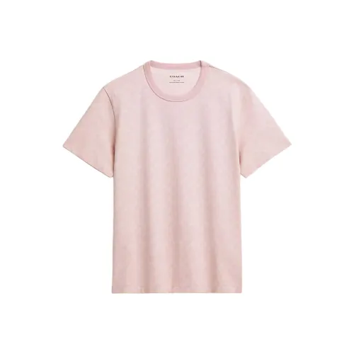 COACH Solid Color Full Body Signature Crew Neck Cotton Short Sleeved Shirt T Shirt Women's Pink