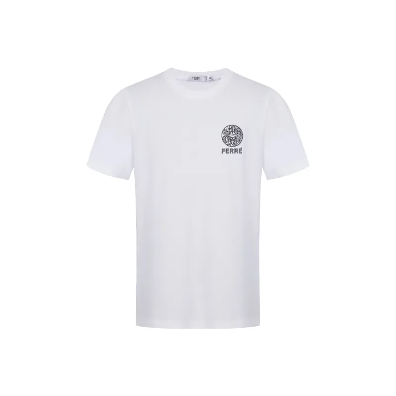 FERRE 3D Effect Relief Totem Letter Embroidered Round Collar Short Sleeved T Shirt Men's-0
