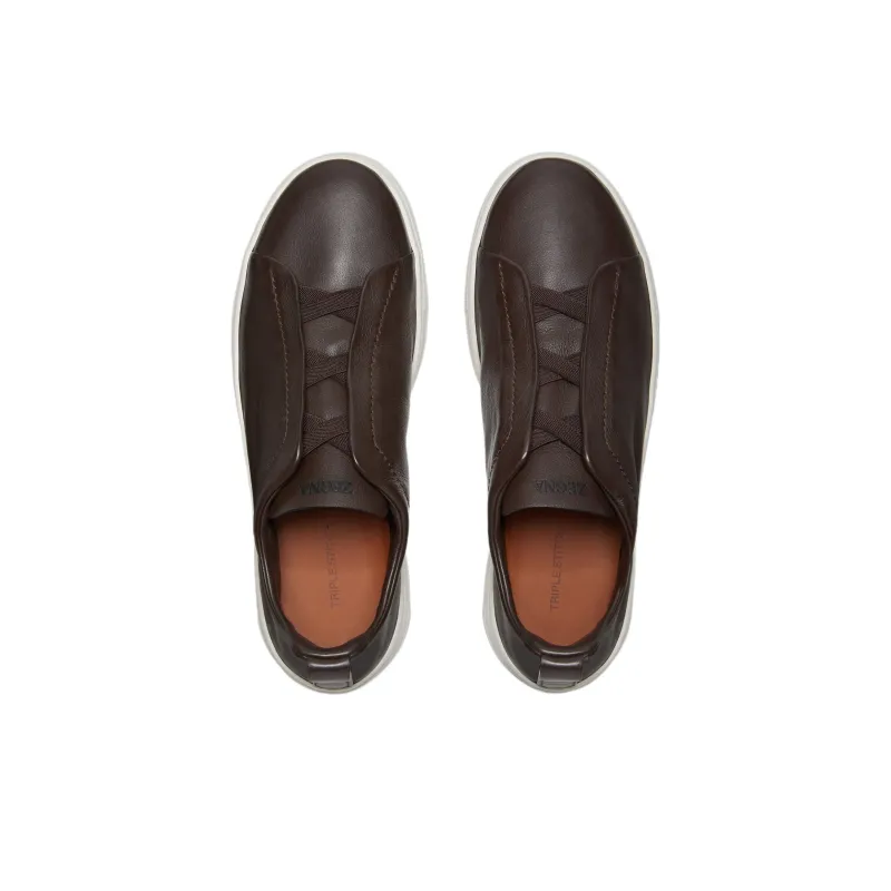 Zegna Triple Stitch Secondskin Low Top Skateboard Shoes Men's Dark Brown-3