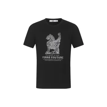FERRE Totem Letter Irregular Shape Rhinestone Decoration Crew Neck Short Sleeved T Shirt Men's Black