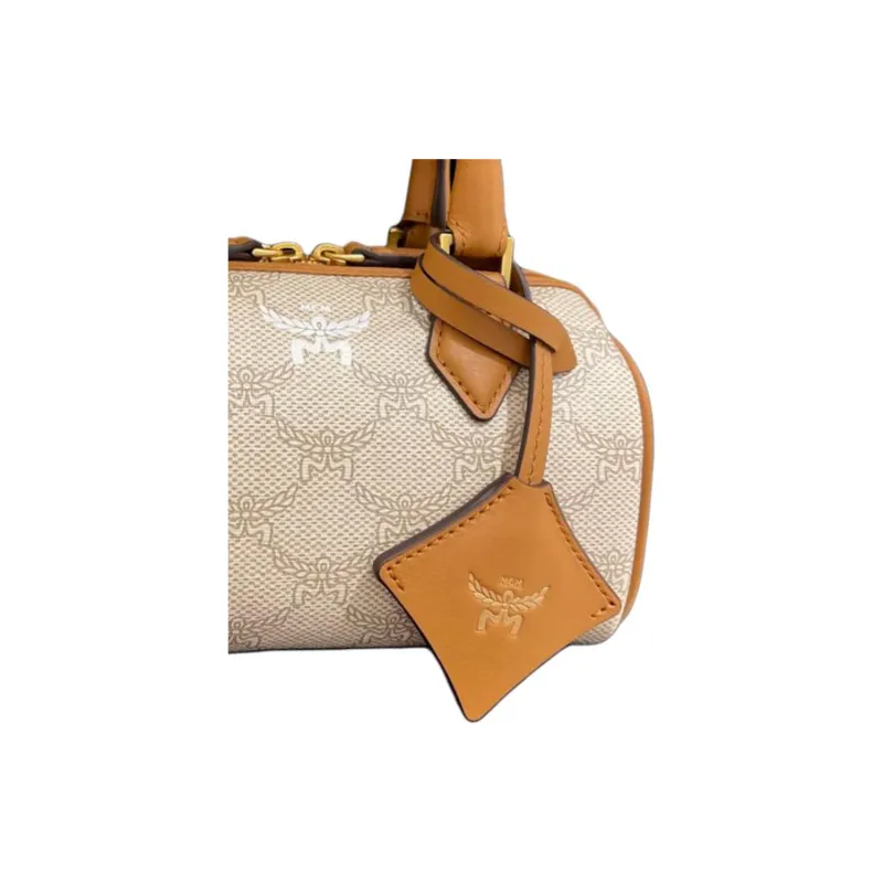 MCM Intertwined Letter Canvas One Shoulder Handbag, Boston Bag Mini Women's Oat-1
