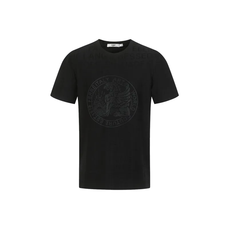 FERRE Rhinestone Totem Letter Decoration All over Print Subtle Texture Jacquard Short Sleeved T Shirt Men's-0