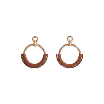 HERMES Metal Calfskin Metal & PC Rose Gold Plated Earrings Women's Brown