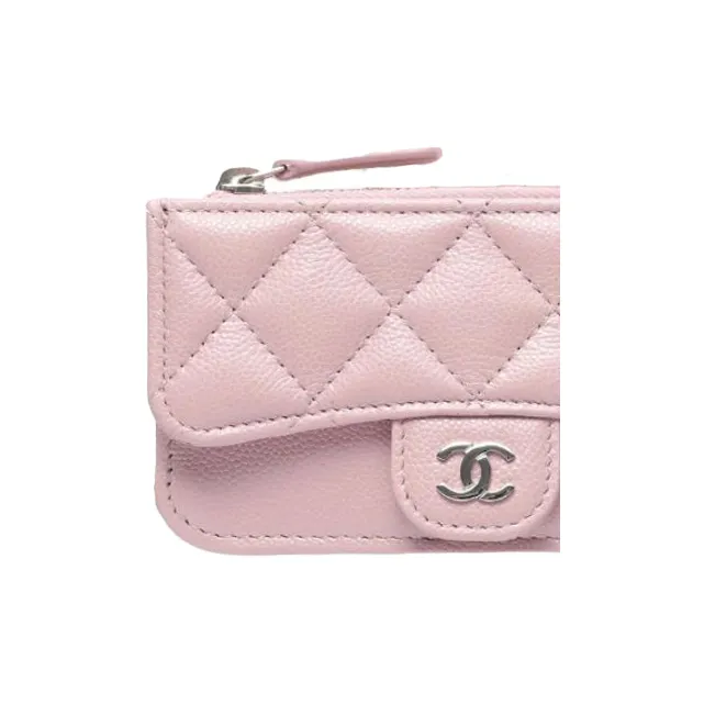 CHANEL Fish Paste Leather Card Holder Mini Women's Gray Pink Color Blocking Silver-2