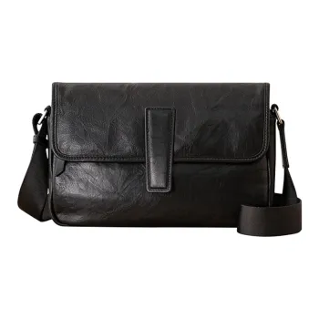 Back Step Top Grain Vegetable Tanned Cow Leather Crossbody Bag Medium Size Unisex Black