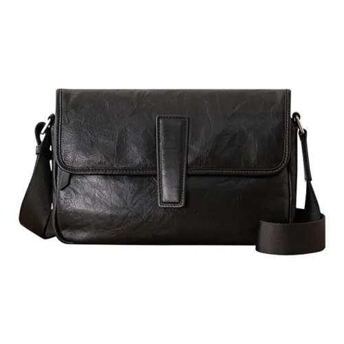 Back Step Top Grain Vegetable Tanned Cow Leather Crossbody Bag Medium Size Unisex Black