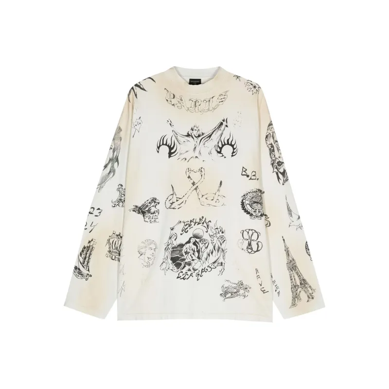 Balenciaga Tat Long Sleeve T-Shirt Oversized T-Shirt Loose Fit Unisex Gray White-0