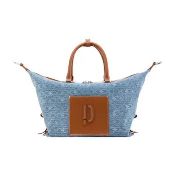 PECO Cow Leather Handbag, Boston Travel Bag Unisex Blue/White