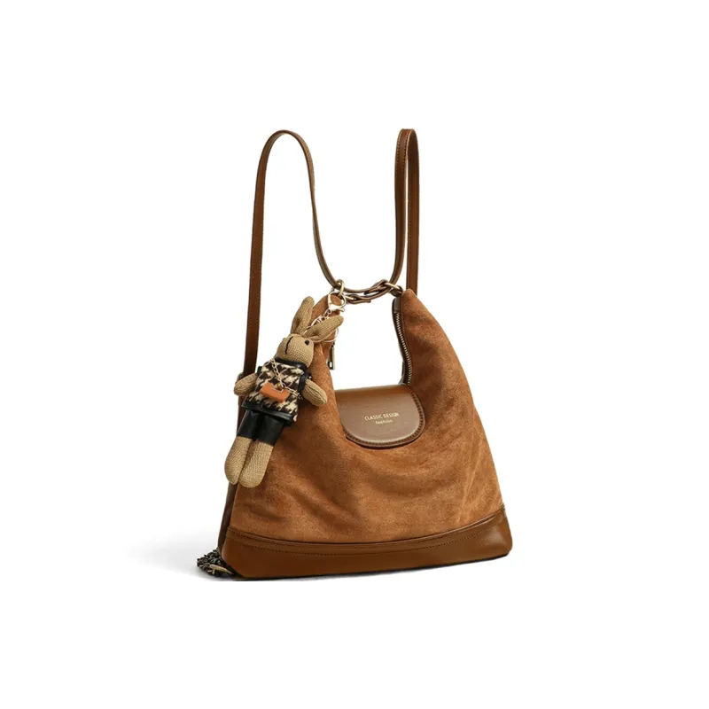 COMELY Fabric With Synthetic Leather Backpack, Underarm Shoulder Bag, Tote Three in One Bag Regular Women's Chocolate-2