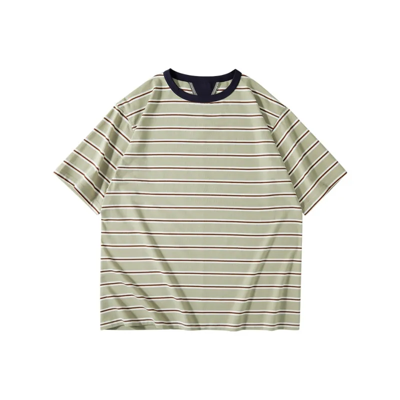 SET FUNS Brand Logo Multicolor Stripes Off The Shoulder 3/4 Short Sleeved T Shirt Men's Summer-3
