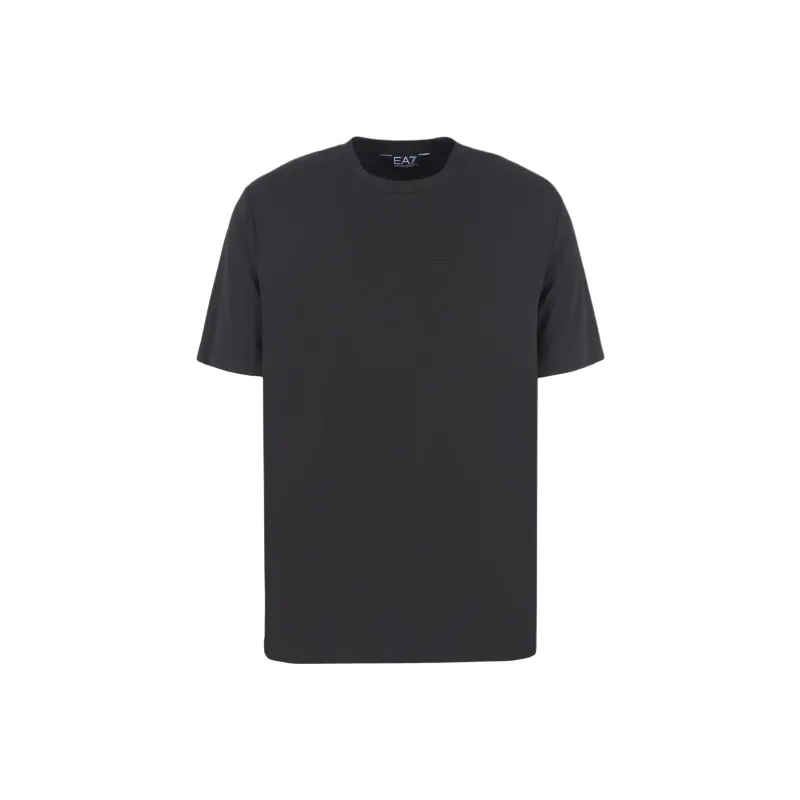 EMPORIO ARMANI EA7 Solid Color Letter Logo Emblem Crew Neck Short Sleeved T Shirt T Shirt Men's Black-0