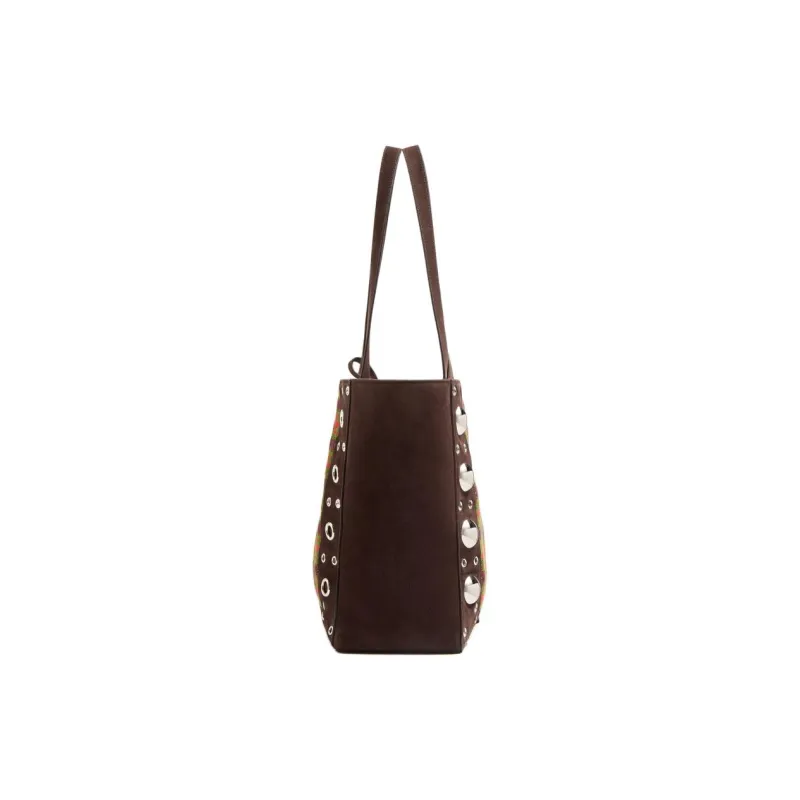 Valentino Suede Tote Bag, Shopping Bag, Shoulder Bag Tubas Women's Dark Brown-2