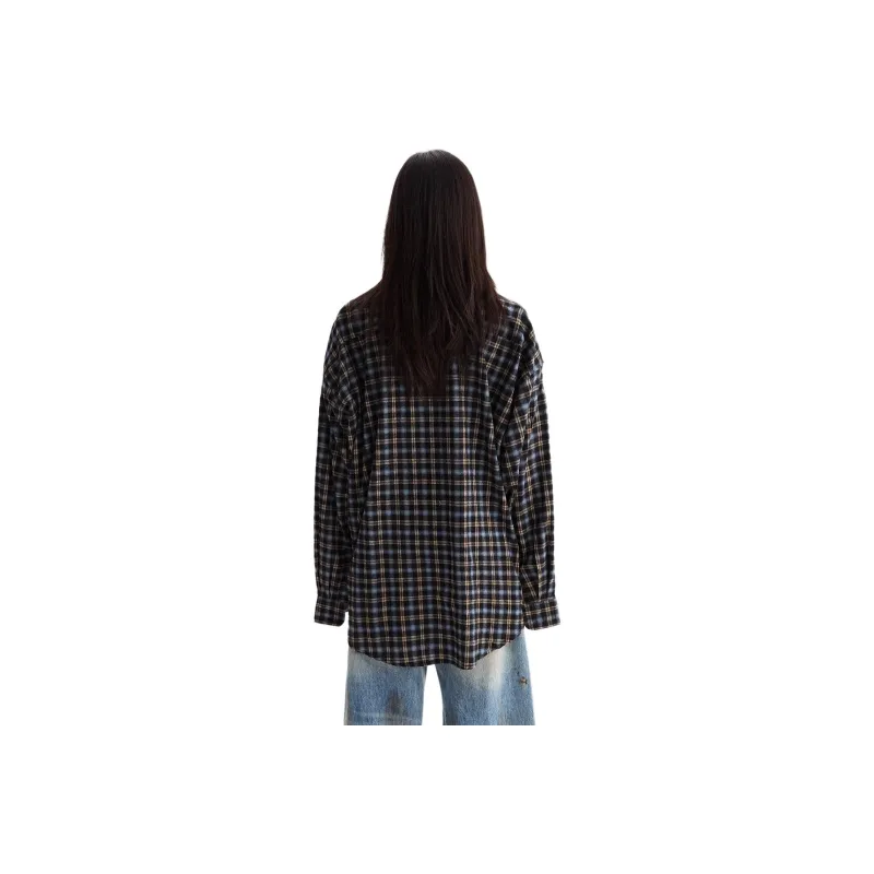 VINMUK Shirt Unisex Black Blue Plaid-2