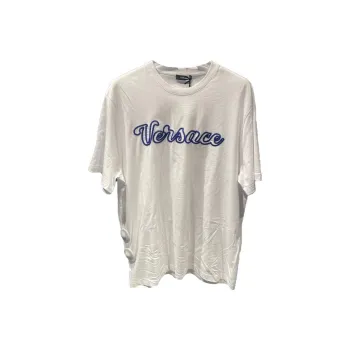 VERSACE Letter Logo Embroidery Crew Neck Pullover Straight Fit Short Sleeved T Shirt Men's White
