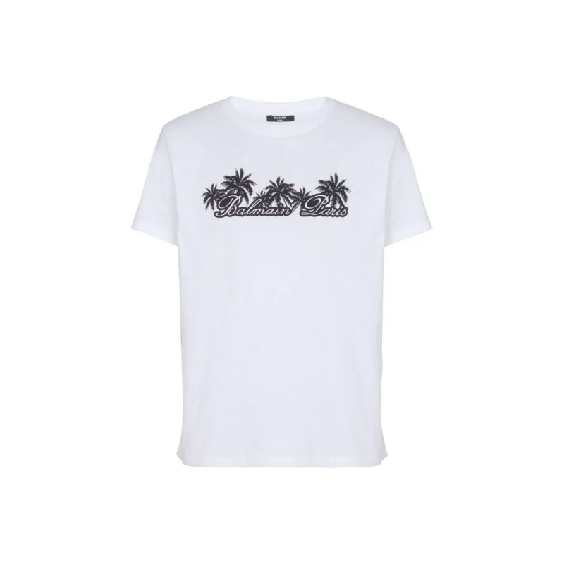 BALMAIN Logo Printed Crew Neck Straight Fit Short Sleeved T Shirt T Shirt Men's White-0