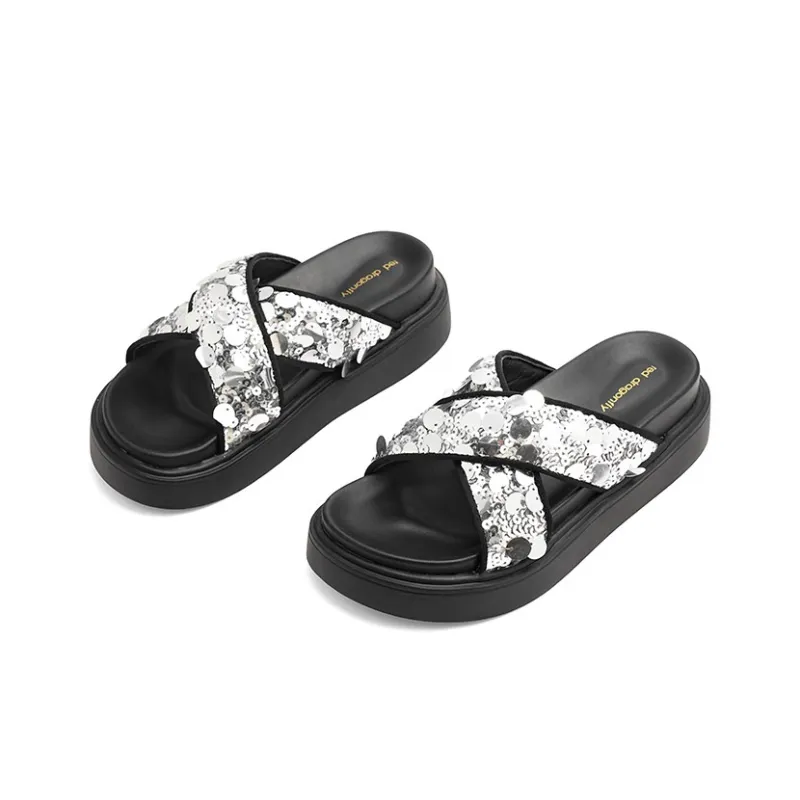 RED DRAGONFLY PU Polyurethane Sequins Slip Resistant Slide Slippers Women's-7
