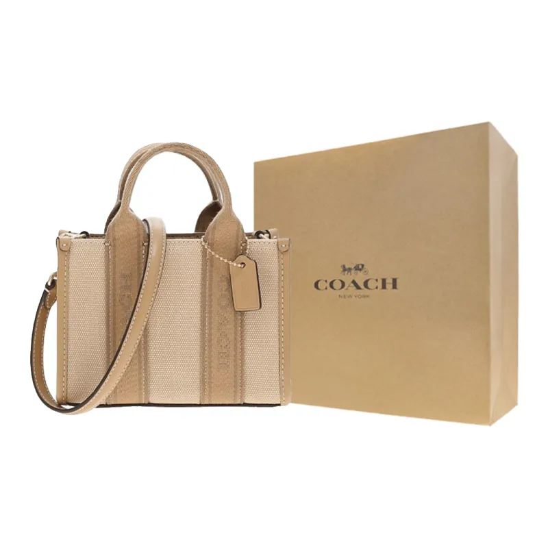COACH Smith Fabric With Cow Split Leather Tote Bag Shopping Bag Handbag Mini Women's Deep Natural & Mixed Color-7