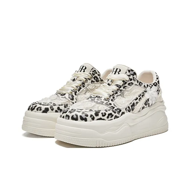 HR Low Top Skateboard Shoes Women's White Leopard Print-2