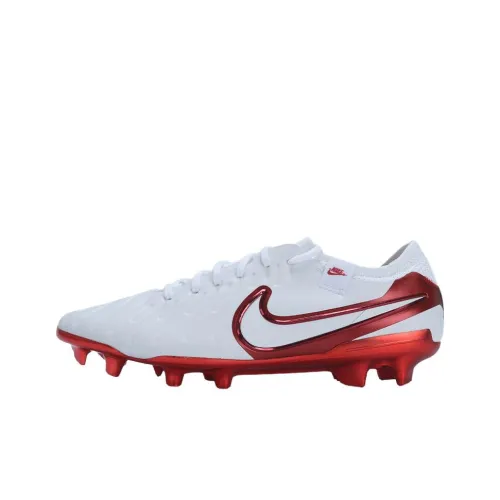 Nike Tiempo Legend 10 FG Rubber Long Studs Anti Slip Wear Resistant Soccer Shoes Unisex White Red
