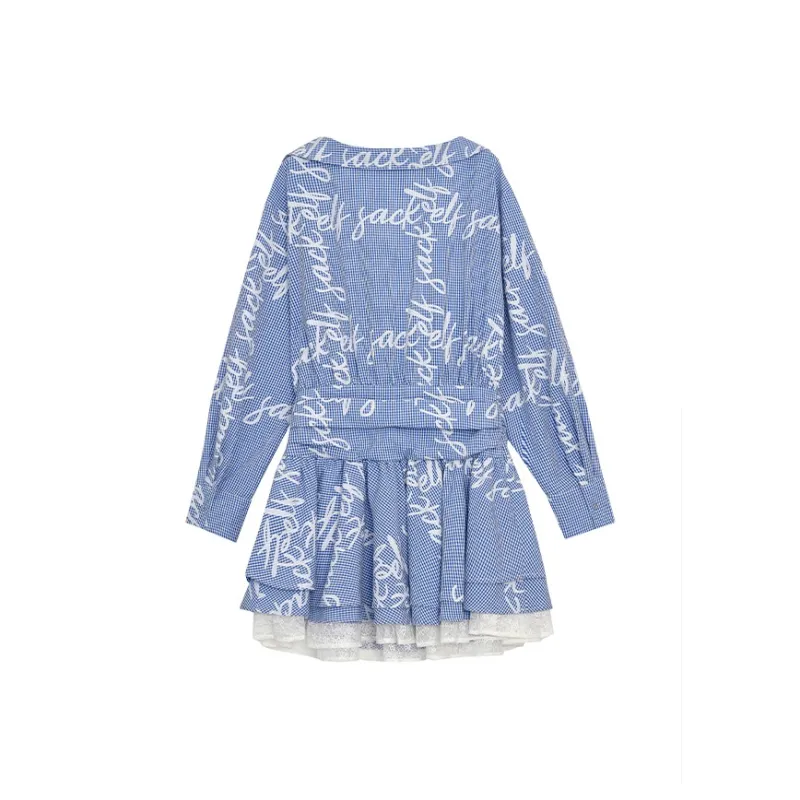 ELF SACK Long Sleeved Dress Women's Letter Blue White-1