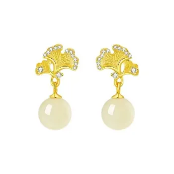 Yagu Earrings Pale Greenish White Jade Women's
