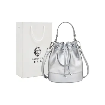 Old Man's Head Top Grain Cow Leather One Shoulder Bucket Bag Crossbody Handbag Women's Silver/Black
