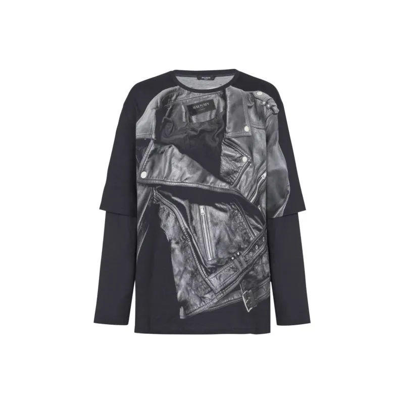 BALMAIN Biker Jacket Printed Long Sleeved T Shirt-0