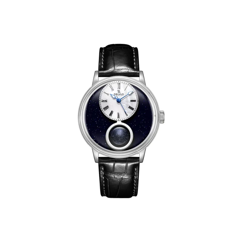 OBLVLO Automatic Mechanical Movement Cowhide Strap Men's Watches Blue Dial-0