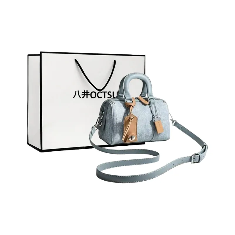 OCTSUI Synthetic Leather Boston Bag One Shoulder Handbags Women's Brown/Ecru/Glacier Blue-9